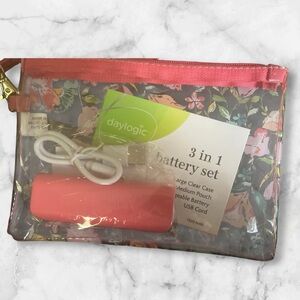 Daylogic 3-in-1 Battery Charging Bank & USB Cord, Floral Pouch, and Clear Pouch